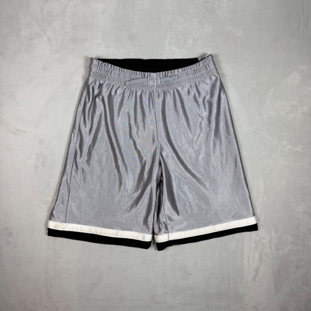Y2K Mens Unbranded Reversible Basketball Shorts‎ Shiny Silver Black Small